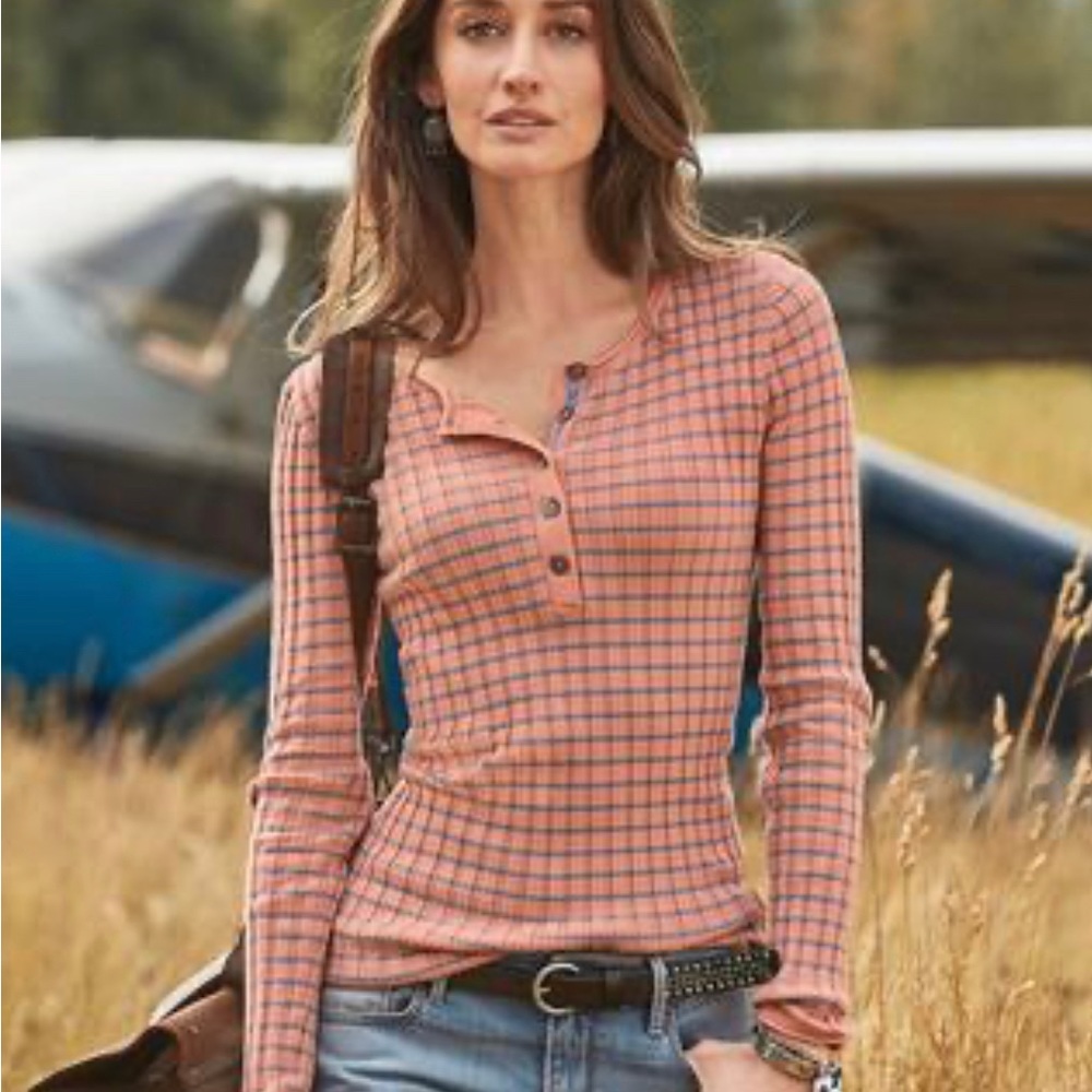 Women's Peach Plaid Henley Long-Sleeve Top